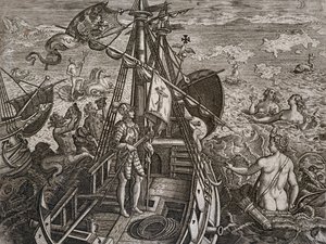 Alegoria podróży Krzysztofa Kolumba do odkrycia Nowego Świata, rycina Theodora de Bry (1528-1598) autorstwa Theodore de Bry