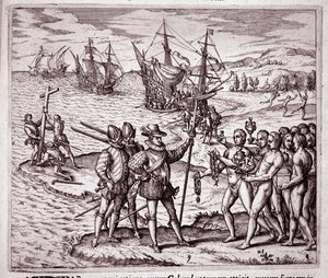 Przybycie Krzysztofa Kolumba na wyspę Hispaniola w Indiach Zachodnich (Grawerowanie autorstwa Theodore de Bry
