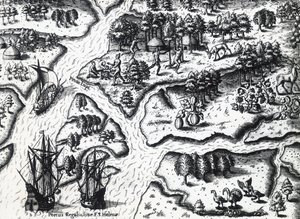 Przybycie Francuzów do Port Royal w 1564 r., Theodor de Bry (1528-1598) z obrazu Jacques le Moyne de Morgues (ok. 1533-przed 1588), rycina autorstwa Theodore de Bry