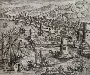 Przybycie Girolamo Benzoni do portu Las Palmas podczas jego podróży do obu Ameryk (1541), Wyspy Kanaryjskie, rycina Theodora de Bry (1528-1598) autorstwa Theodore de Bry