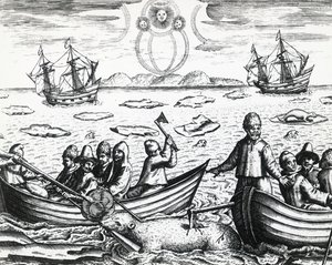 Polowanie na zorzę polarną i niedźwiedzia białego podczas trzeciej wyprawy prowadzonej przez Williama Barentsa (ok. 1550-1597) w poszukiwaniu Przejścia Północno-Wschodniego w 1596 r., Theodor de Bry (1528-1598), rycina autorstwa Theodore de Bry