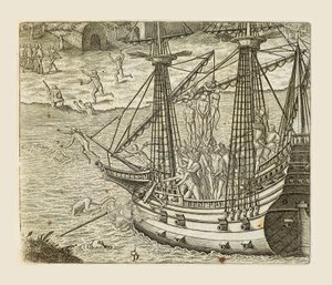 Bartolomeo Diaz wiszący kilku Indian na karawelach, grawerowany przez Theodora de Bry (1528-1598) z Ameryki autorstwa Theodore de Bry