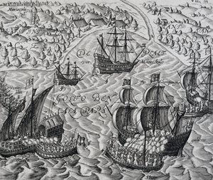 Bitwa przed miastem Matical w Zatoce Bengalskiej, grawerowanie z Indiae Orientalis, autorstwa Theodora de Bry (1528-1598) autorstwa Theodore de Bry