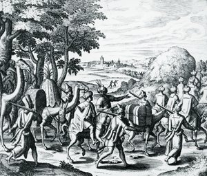 Karawana arabskich kupców podróżujących z Aleppo do Basry, grawerowanie z Grands and Petits Voyages, Theodor de Bry (1528-1598), Bliski Wschód autorstwa Theodore de Bry