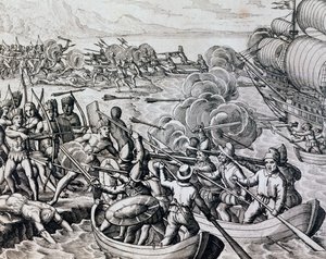 Starcie rdzennych Indian z wojskami hiszpańskimi, rycina z Historii Americae, Theodor de Bry (1528-1598), Frankfurt autorstwa Theodore de Bry