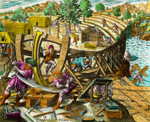 Budowa łodzi dla hiszpańskiego nawigatora Vasco Nuneza de Balboa (1475-1517) Rycina z „Historii Ameryk” Theodore de Bry (1528-1598) XVI wiek. Prywatna kolekcja autorstwa Theodore de Bry