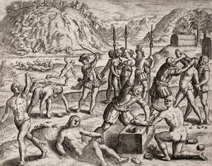 Opis zbrodni dokonanych na Indianach przez hiszpańskich osadników - konkwistadorzy dokonujący masakry w indyjskiej wiosce. Amputacje des mains - Grawerowanie przez Theodore de Bry w „Narracji niektórych z najbardziej zgwałconych Indian przez Hiszpanów” Bar autorstwa Theodore de Bry