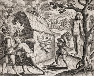 Opis zbrodni wyrządzonych Indianom przez hiszpańskich osadników - Pożar wioski indiańskiej przez konkwistadorów. Wiszące - Grawerowanie autorstwa Theodore de Bry w „Najprawdziwszej historii niektórych zdewastowanych Hiszpanów” Bartolome de las Casa autorstwa Theodore de Bry