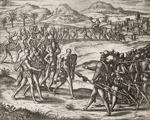 Opis zbrodni wyrządzanych Indianom przez hiszpańskich osadników - Indianie przynoszący konkwistadorom prezenty i złoto - Grawerowanie autorstwa Theodore de Bry w " "Historia niektórych zdewastowanych hiszpańskich Hiszpanów autorstwa Theodore de Bry