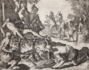 Opis zbrodni wyrządzonych Indianom przez hiszpańskich osadników - Miejsce torturowania Indian przez hiszpańskich konkwistadorów. Tortury na grillu, amputacja rąk - Rycina Theodore