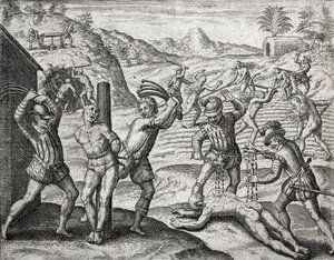 Opis zbrodni popełnionych na Indianach przez hiszpańskich osadników - Hiszpanie torturujący Indian - Grawerowanie Theodore de Bry w „Brevisima Relacion de la Destruction de las Indias” Bartolome de las Casas (1484-1566)