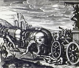 Wielbiciele miażdżeni przez rydwan podczas procesji bożka, Theodor de Bry (1528-1598), rycina autorstwa Theodore de Bry