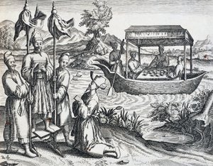 Ulica dostojników, z podróży podjętej przez Jana Huyghena van Linschotena (1563-1611) w latach 1583-1592, rycina z Indii Orientalis autorstwa Theodora de Bry (1528-1598), Chiny autorstwa Theodore de Bry