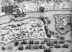 Drake chwyta łódź „Święty Augustyn” w 1586 r., De Bry autorstwa Theodore de Bry
