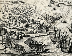 Holenderska wyprawa wzdłuż wybrzeża Mozambiku, rycina z Indii orientalis autorstwa Theodora de Bry (1528-1598) autorstwa Theodore de Bry