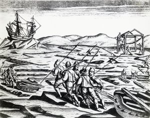 Wyprawa kierowana przez Williama Barentsa (ok. 1550-1597) w poszukiwaniu Przejścia Północno-Wschodniego z Peregrinationes, Theodor de Bry (1528-1598), rycina autorstwa Theodore de Bry