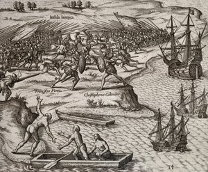 Walka Krzysztofa Kolumba z Francesco Poresio na Jamajce, rycina Theodor de Bry (1528-1598) autorstwa Theodore de Bry