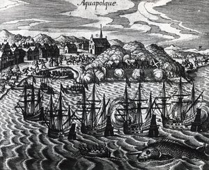 Flota galeonów w porcie Acapulco, autor Theodor de Bry (1528-1598), rycina autorstwa Theodore de Bry