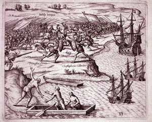 Czwarta wyprawa Krzysztofa Kolumba na wyspę Jamajka w 1503 (Grawerowanie autorstwa Theodore de Bry