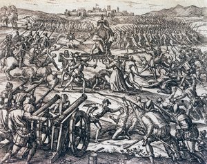 Wojska Francisco Pizarro (około 1475-1541) zdobywają cesarza Inków Atahualpę podczas bitwy pod Cajamarca, 16 listopada autorstwa Theodore de Bry