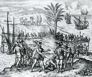 Francisco de Bobadilla przybywa jako gubernator i aresztuje Krzysztofa Kolumba (1451-1506) w Hispanioli, 1500, 1590 autorstwa Theodore de Bry