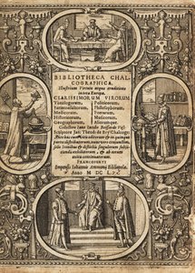 Frontyspis z winietami naukowców w granicach. autorstwa Theodore de Bry