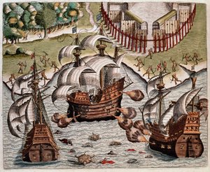 Historia Ameryki: „”Bitwa między flotami portugalskimi a flotami francuskimi u wybrzeży Brazylii na morzach Potiguaran”” Recytacja rejsów Hansa Stadena, niemieckiego odkrywcy, który wyruszył z flotami hiszpańskimi do Brazylii, zdobyty przez Tupinambę w autorstwa Theodore de Bry