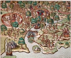 Historia Ameryki: „”Opis metod oblężenia i ataku, Indianie walczący z armią hiszpańską”” Recytacja niewoli Hansa Stadena, niemieckiego odkrywcy, który wyjechał z flotami hiszpańskimi do Brazylii, schwytany przez Indian Tupinamba. Grawerowanie z „Ameri autorstwa Theodore de Bry
