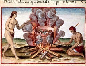 Historia Ameryki: Grawer „Indian Cooking Fish” z „The Admirable Narrative of America” Theodore de Bry (1528-1598) autorstwa Theodore de Bry