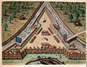 Historia Ameryki: „Życie Fort Carolina, Bastion of Carolina” „Grawerunek z „Admirante Narratio Americae” Theodore de Bry (1528-1598) według rysunku Jacques le Moyne (de Morgues) (1533-1588) autorstwa Theodore de Bry