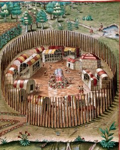 Historia Ameryki: „”Reprezentacja ufortyfikowanego miasta Pomeiock lub Pomeiooc w Wirginii w 1585”””Grawerunek z „”Admirante Narratio Americae”””Theodore de Bry (1528-1598) autorstwa Theodore de Bry