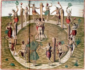 Historia Ameryki: „”Rytualny taniec z okazji przyjaźni”” Grawer Theodore de Bry (1528-1598). XVI-wieczne Vincennes, Muzeum Historyczne Marynarki Wojennej autorstwa Theodore de Bry