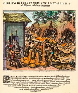 Historia Ameryki: Hiszpanie eksploatują kopalnie złota. Indianie pracują na oczach osadników. Grawerowanie przez Theodore de Bry (1528-1598). Prywatna kolekcja z XVI wieku