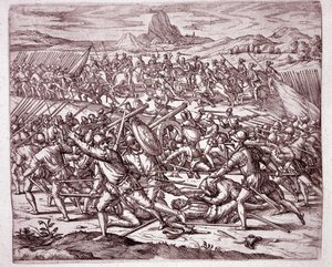Historia Ameryki: walki pomiędzy armiami Vaca de Castro i Almagro junior po śmierci Francisco Pizarro i Diego de Almagro (Grawerowanie autorstwa Theodore de Bry