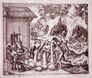 Historia Ameryki: Hiszpanie eksploatują kopalnie złota (Grawerowanie autorstwa Theodore de Bry