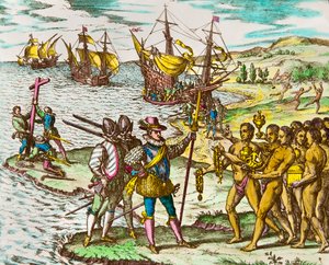 Historia Ameryki: odkrywca Krzysztof Kolumb (1451-1506) witany przez Indian po przybyciu do Nowego Świata”” Rycina Theodore De Bry (1528-1598) Rycina z XVI wieku
