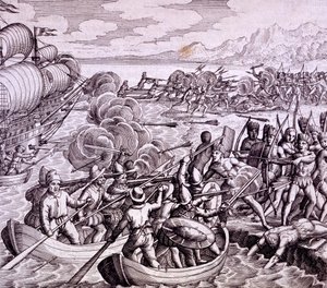 Jak Hiszpanie wylądowali na wyspie Haiti z 400 mężczyznami, którzy wdali się w wielką bitwę z tubylcami, ilustracja z „Podróży Vespucciego do Indii Zachodnich” autorstwa Theodore de Bry