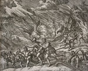 Huragan zatapiający Santa Maria, karawelę Krzysztofa Kolumba autorstwa Theodore de Bry