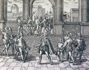 Cesarz Inków Atahualpa wzięty do niewoli przez Hiszpanów w Cajamarca, Peru, grawerowanie z historii Ameryki przez Theodore de Bry (1528-1598), Frankfurt autorstwa Theodore de Bry