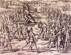 Cesarz Inków Atahualpa pokonany przez wojska hiszpańskie Francisco Pizarro (1475-ca 1541), Peru, grawerowanie z historii Ameryki przez Theodore de Bry (1528-1598), Frankfurt autorstwa Theodore de Bry