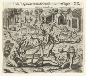 Indianie wlewają płynne złoto w usta Hiszpana, 1594. autorstwa Theodore de Bry