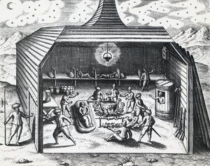 Wnętrze zimowego domu Williama Barentsa (ok. 1550-1597) w rosyjskim archipelagu Nowej Ziemi, rycina Theodor de Bry (1528-1598), autorstwa Theodore de Bry