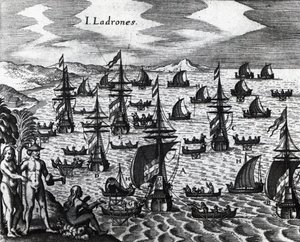Wyspy złodziei (Islas de los Ladrones, dziś Mariany), grawerowanie z Peregrinationes, autorstwa Theodora de Bry (1528-1598). 16 wiek autorstwa Theodore de Bry