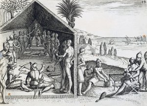 Król przyjmujący gości z Europy, Cape Lopez, Gabon, rycina z Indii orientalis autorstwa Theodora de Bry (1528-1598), Afryka autorstwa Theodore de Bry