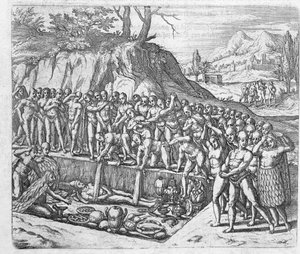 Sposób pochówku peruwiańskich królów i szlachty z relacji Girolamo Benzoni o podboju Peru, z „Newe Welt und Americanische Historien” Johanna Ludwiga Gottfrieda, wydanej przez Mattaeusa autorstwa Theodore de Bry