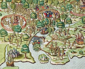 Metody oblężenia i ataku, z „Americae Tertia Pars...”, 1592 autorstwa Theodore de Bry