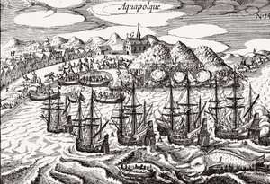 Meksyk, Widok Acapulco - Meksyk (Aquapolque), Theodore de Bry, ca. 1630. Wczesny widok kolonialnej osady w Acapulco, którą Hiszpanie wykorzystywali jako główny port dla handlu na Pacyfiku z Filipinami. Port jest wypełniony galeonami i lar autorstwa Theodore de Bry