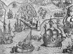 Bitwa morska, grawerowanie z historii Ameryki przez Theodore de Bry (1528-1598), Frankfurt autorstwa Theodore de Bry