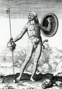 Piktyjski mężczyzna trzymający ludzką głowę autorstwa Theodore de Bry