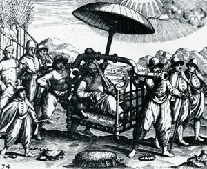 Portugalczyk w Indiach, transportowany na śmieciach, rycina z Peregrinationes, Theodor de Bry (1528-1598), Indie autorstwa Theodore de Bry